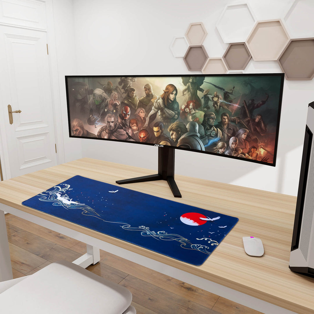 Jade Rabbit desk mat, measuring 400x900x3mm, featuring an enchanting depiction of a Jade Rabbit amidst intricate natural elements, infusing your workspace with a sense of folklore and natural allure.