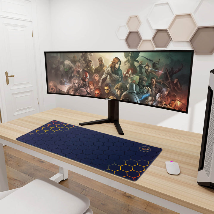 Black and gold honeycomb desk mat, featuring an elegant design with a combination of geometric honeycomb patterns in black and gold tones, adding a touch of sophistication to your workspace.