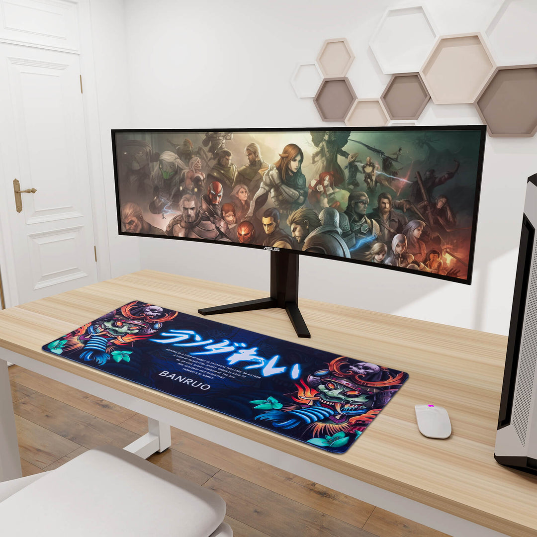 Hanya face desk mat, showcasing an intricate and striking depiction of a Hanya mask, adding a blend of traditional art and contemporary style to your workspace.