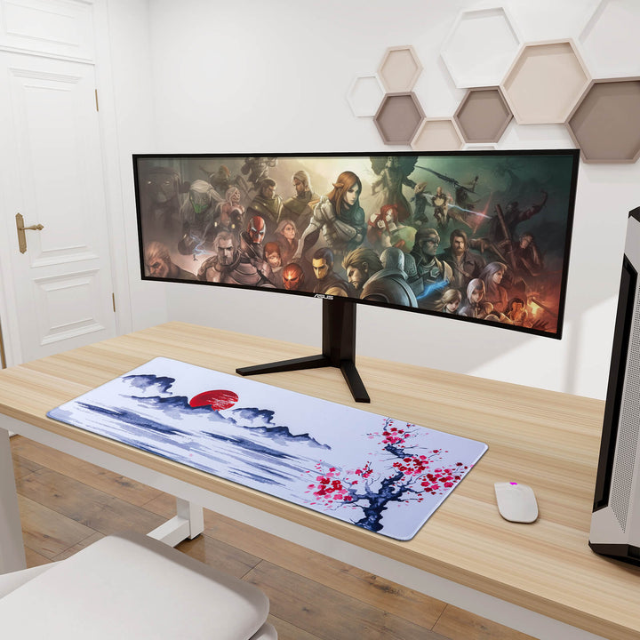 Japanese Cherry Blossom desk mat, adorned with delicate cherry blossom motifs in soft pinks and whites, capturing the serene beauty of springtime in Japan for your workspace
