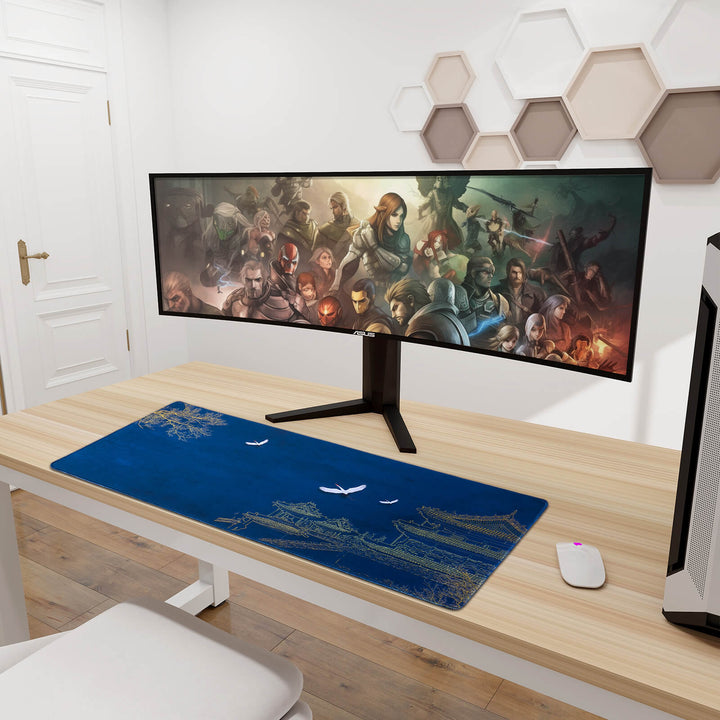 Crane Pavilion desk mat, sized 300x600x3mm, featuring an elegant design depicting cranes amidst a serene pavilion scene, adding a touch of tranquility to your workspace