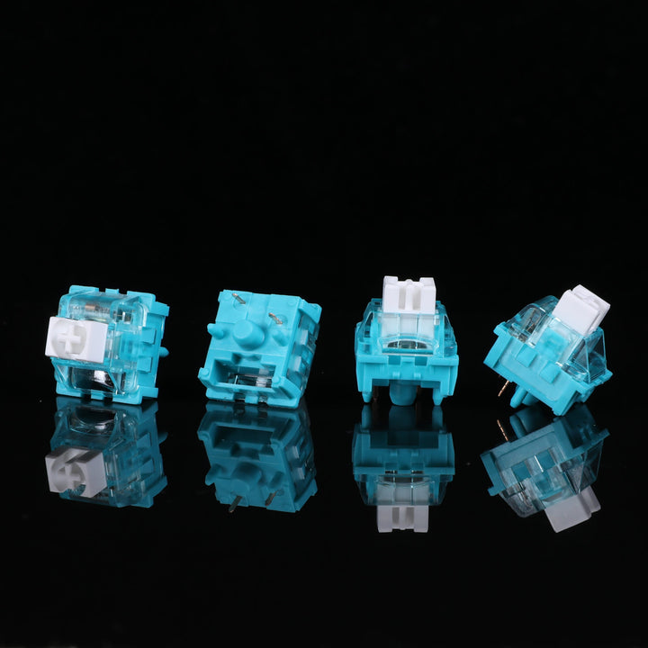 Illustration of Aflion Iceberg keyboard switches in clear and icy housings, offering a transparent and cool aesthetic for your keyboard setup