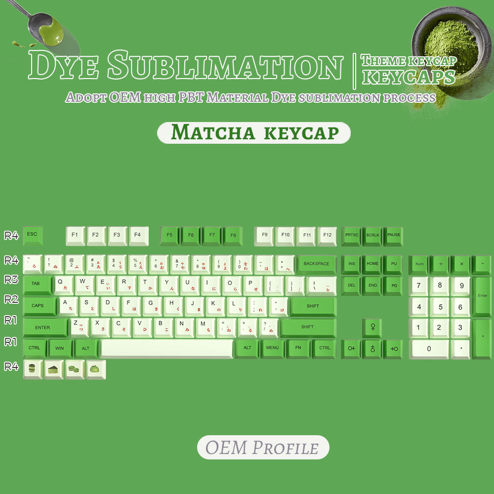 Green Matcha keycap set, featuring vibrant green hues and unique designs inspired by Japanese matcha, adding a refreshing and distinctive touch to your typing experience.