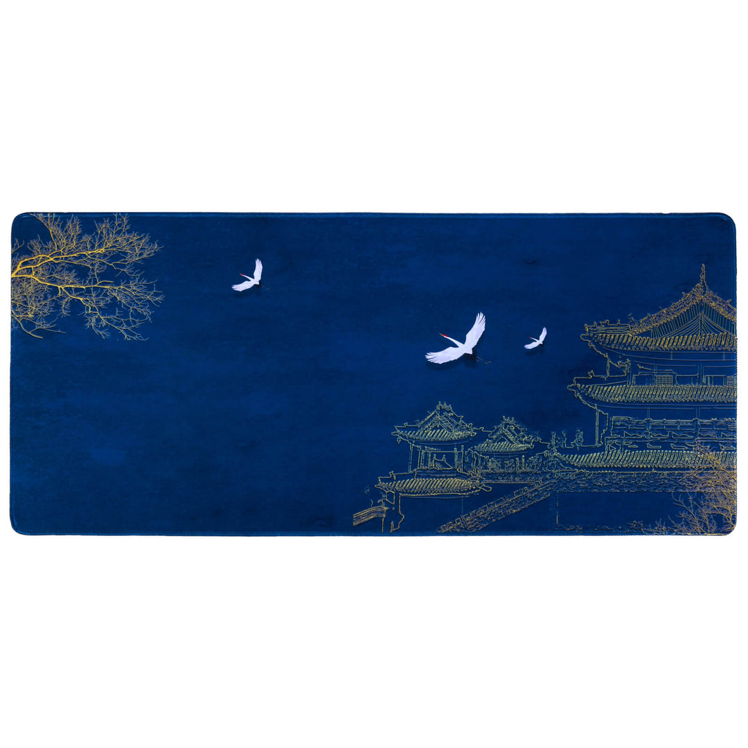 Crane Pavilion desk mat, sized 300x600x3mm, featuring an elegant design depicting cranes amidst a serene pavilion scene, adding a touch of tranquility to your workspace