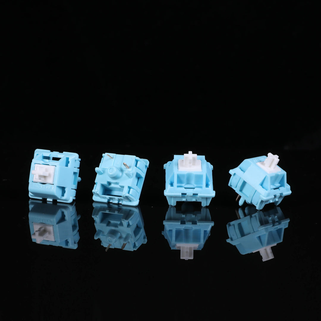Collection of Aflion Blue Sky keyboard switches with distinct light blue housings for a refreshing look