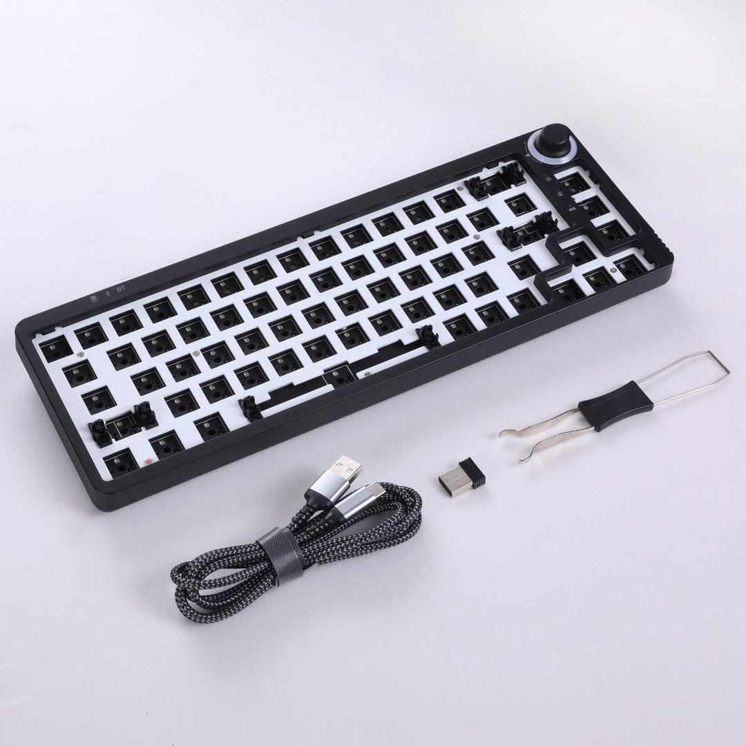 Black barebones keyboard with 67 switches and a versatile adjustable knob, offering a minimalist and functional design for customized typing and control.