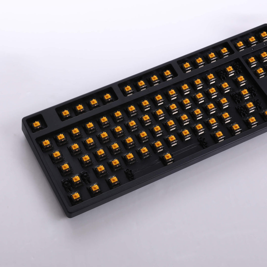 Black barebones keyboard featuring 87 Aflion Shadow switches, providing a sleek and compact typing solution with essential functionality.