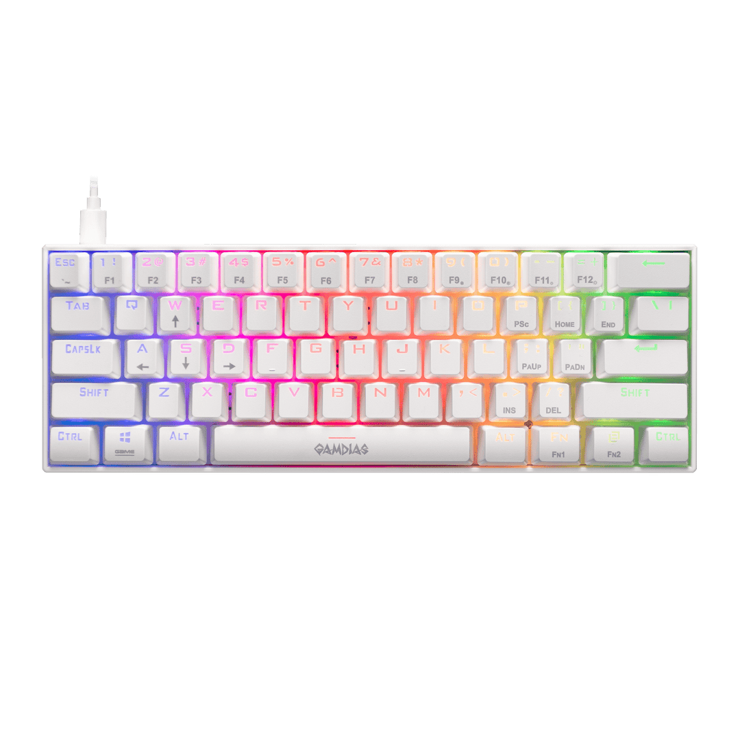 White Gamdias Hermes E3 mechanical gaming keyboard, a high-performance input device with customizable RGB lighting and tactile switches, designed to elevate your gaming prowess with precision and style.