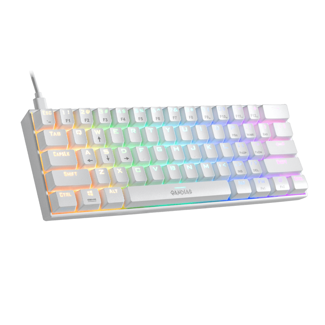 White Gamdias Hermes E3 mechanical gaming keyboard, a high-performance input device with customizable RGB lighting and tactile switches, designed to elevate your gaming prowess with precision and style.