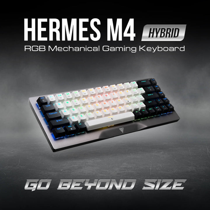 Gamdias Hermes M4 Hybrid Mechanical Gaming keyboard, a versatile gaming tool featuring a blend of mechanical and membrane switches, along with customizable RGB lighting, aimed at enhancing your gaming experience with both responsiveness and comfort."