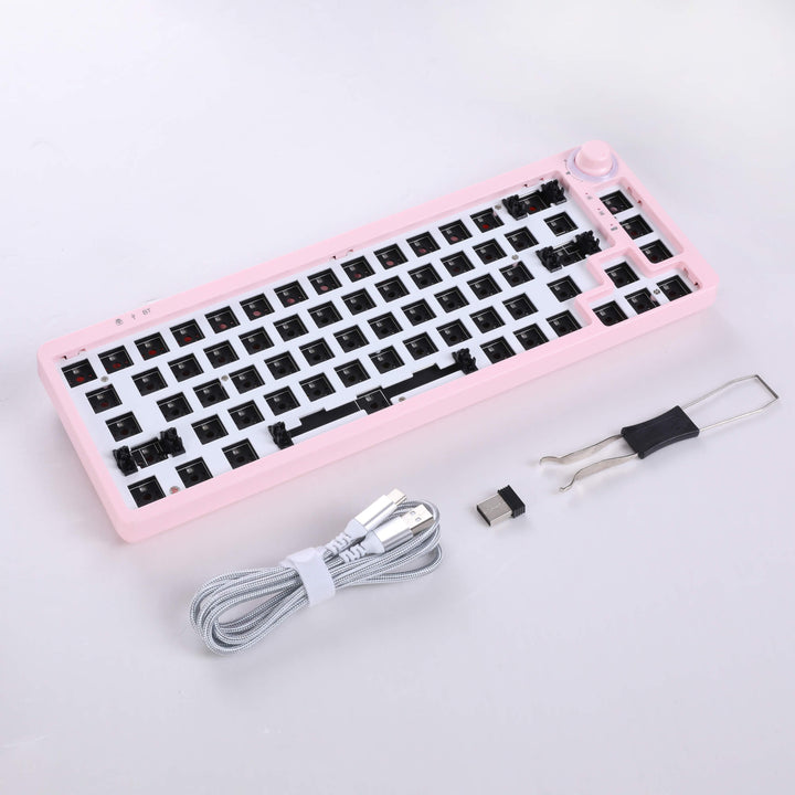 Pink barebones keyboard with 67 switches and a versatile adjustable knob, offering a minimalist and functional design for customized typing and control.