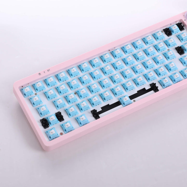 Pink barebones keyboard with 67 Aflion Blue Sky switches and a versatile adjustable knob, offering a minimalist and functional design for customized typing and control.