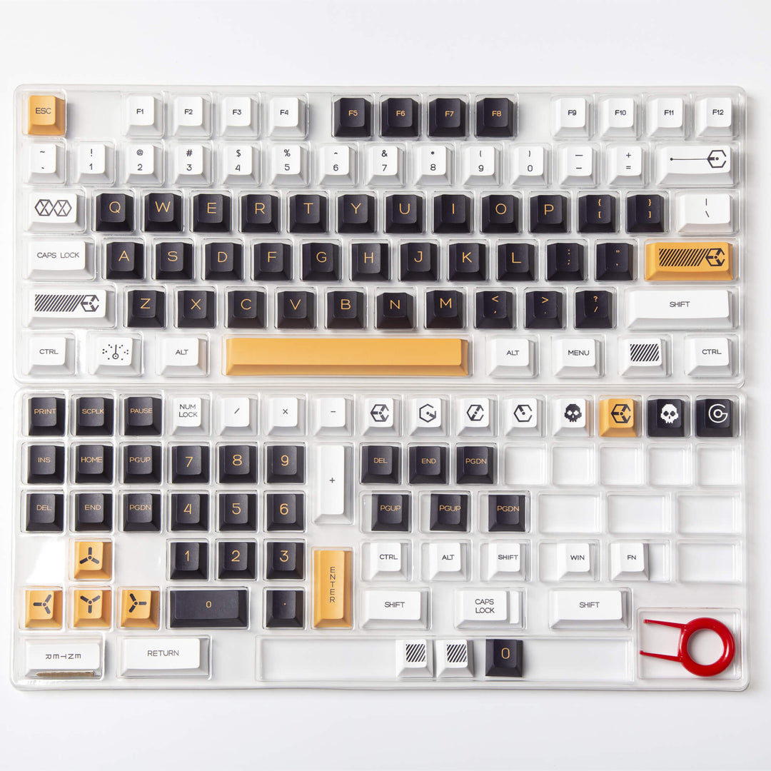 Virtual War keycap set, featuring a dynamic mix of black and yellow PBT keycaps, designed with a sleek cherry profile, adding a bold and eye-catching touch to your keyboard, reminiscent of futuristic battles and action.