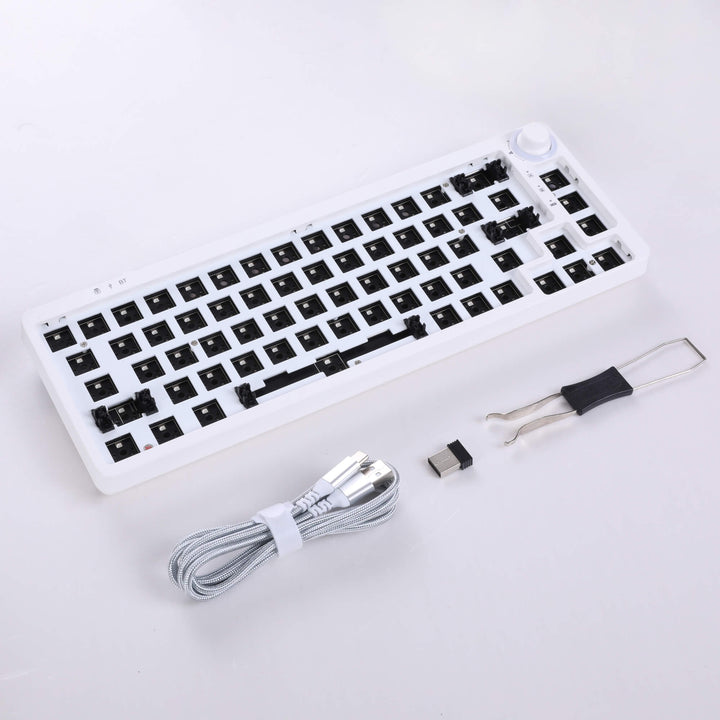 White barebones keyboard with 67 switches and a versatile adjustable knob, offering a minimalist and functional design for customized typing and control.