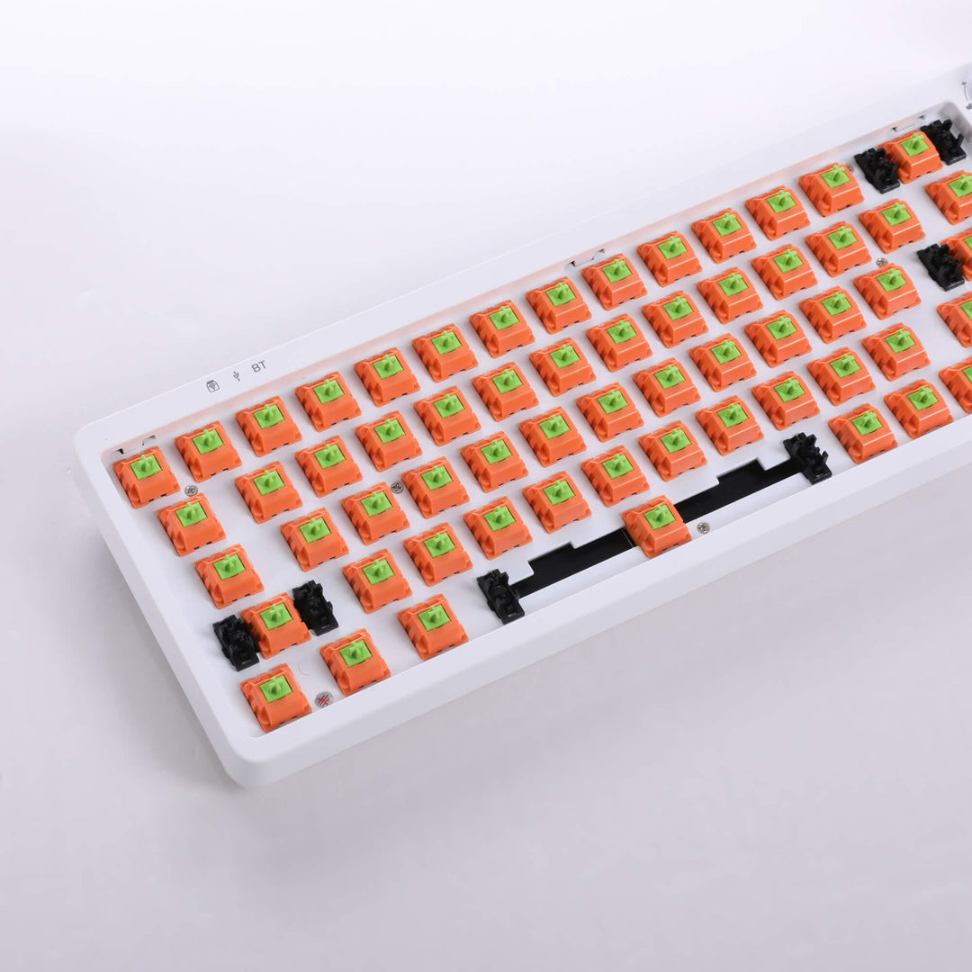 Vibrant Aflion Carrot keyboard switches showcasing distinctive orange housings installed in a barebones keyboard