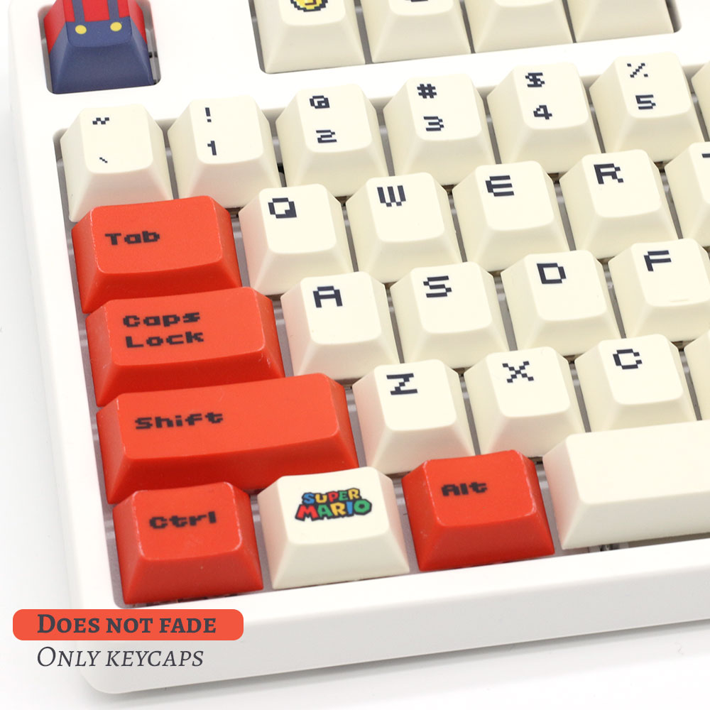 Mario keycap set with an OEM profile, skillfully crafted using dyesub key technology, showcasing iconic Mario-themed designs for a playful and nostalgic touch on your keyboard.