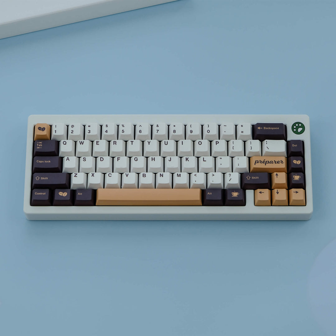 Coffee-themed custom keycap set, featuring rich brown and cream-colored keycaps with coffee-related designs, perfect for adding a cozy and aromatic vibe to your keyboard.