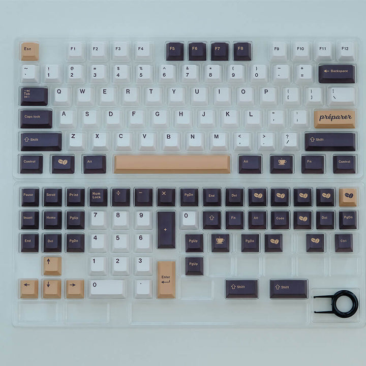 Coffee-themed custom keycap set shown in its packaging, featuring rich brown and cream-colored keycaps with coffee-related designs, perfect for adding a cozy and aromatic vibe to your keyboard.