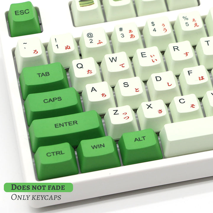 Green Matcha keycap set elegantly adorning a keyboard, featuring vibrant green hues and unique designs inspired by Japanese matcha, adding a refreshing and distinctive touch to your typing experience.