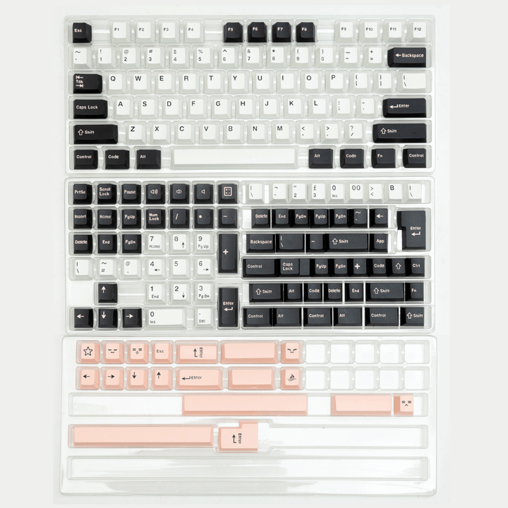 Olivia keycap set shown in its packaging, featuring a harmonious blend of brown and pink colors in an elegant and refined design, showcasing intricate details for a tasteful and sophisticated look on your keyboard.