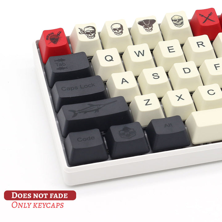 Pirate keycap set with an OEM profile, crafted from durable PBT material, showcasing adventurous pirate-themed designs for a unique and tactile typing experience.
