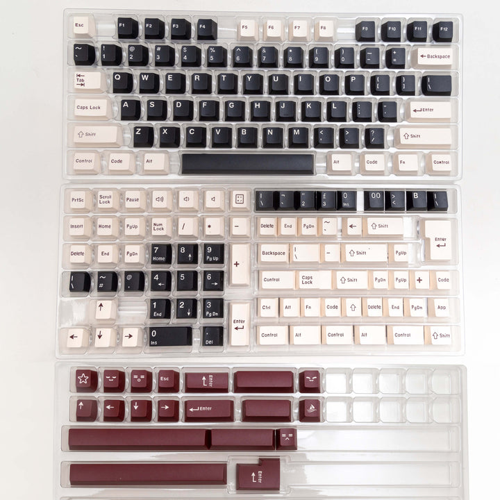 Rome keycap set shown in its packaging, featuring a commanding cherry profile and constructed with double shot keycap technology, presenting a bold color combination of powerful black and rich burgundy for an impactful and stylish keyboard aesthetic.