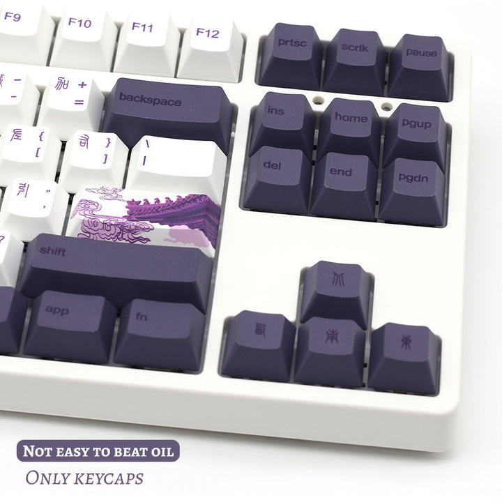 Tang Dynasty keycap set, characterized by stunning purple hues and an OEM profile, meticulously crafted using dye sublimation technology, adding an exquisite and regal aesthetic to your keyboard.