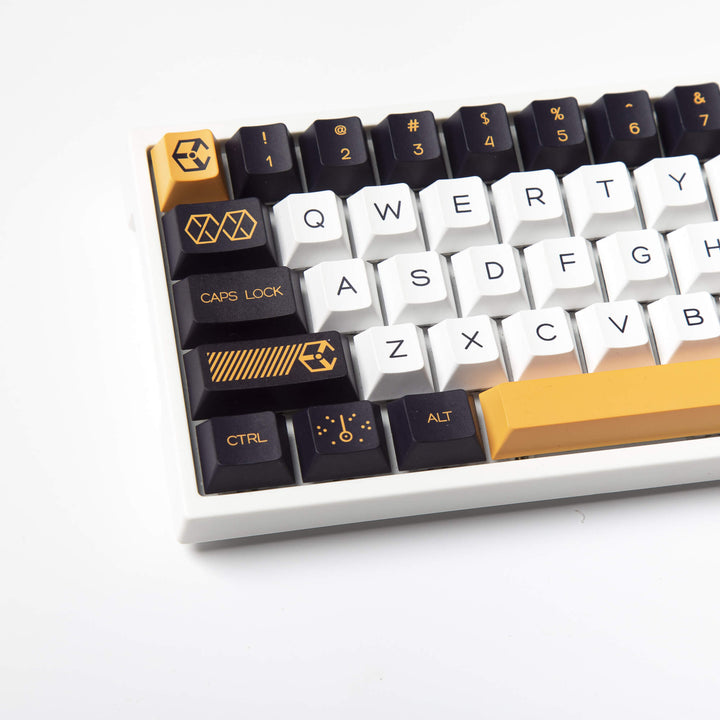 Virtual War keycap set, featuring a dynamic mix of black and yellow PBT keycaps, designed with a sleek cherry profile, adding a bold and eye-catching touch to your keyboard, reminiscent of futuristic battles and action.